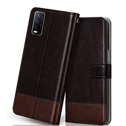 Winkel Premium Vegan Leather Dual Flip Magnetic Mobile Cover Case|Kickstand & Card Holder|360 Degree Grip Protection| Wallet Type with Magnetic Closure for VIVO Y20i|Y20g|Y12s-(Coffee with Brown)
