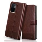 FLIPPED Flexible, Shock Proof - Hand Stitched Leather Finish - Card Pockets & Stand - Wallet Style Flip Vegan Leather For Vivo V23E 5G Flip Back Cover Mobile Case Dual-Color (Tan with Brown)