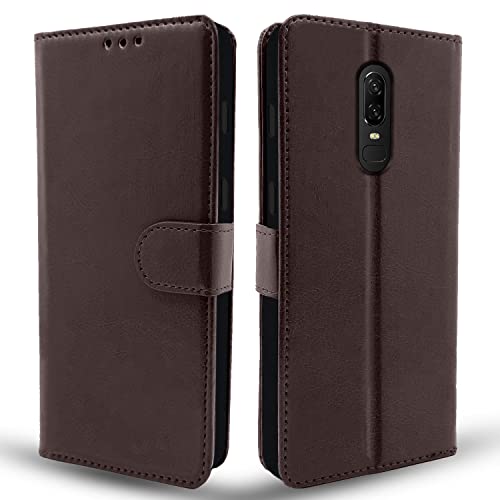 Pikkme Oneplus 6 Flip Case Leather Finish | Inside TPU with Card Pockets | Wallet Stand and Shock Proof | Magnetic Closing | Complete Protection Flip Cover for Oneplus 6 (Coffee)