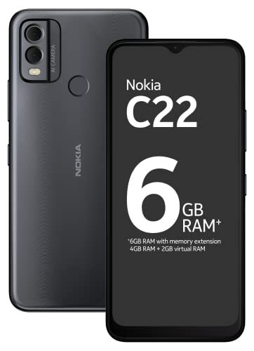 Nokia C22 | 3-Day Battery Life | 6GB RAM (4GB RAM + 2GB Virtual RAM) | 13 MP Dual Rear AI Camera with Night & Portrait Mode | IP52 | Charcoal