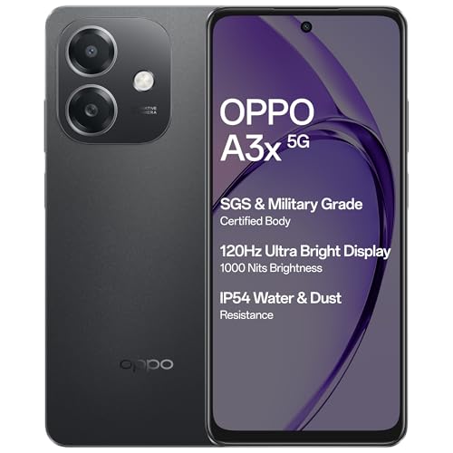 OPPO A3X 5G (Sparkle Black, 4GB RAM, 128GB Storage)|6.67” HD+ OPPO A3X 5G (Sparkle Black, 4GB RAM, 128GB Storage)|6.67” HD+ 120Hz Refresh Rate Screen | 45W SUPERVOOC|with No Cost EMI/Additional Exchange Offers