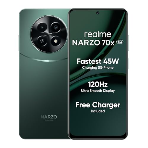 realme NARZO 70x 5G (Forest Green, 6GB RAM,128GB Storage| 120Hz realme NARZO 70x 5G (Forest Green, 6GB RAM,128GB Storage| 120Hz Ultra Smooth Display | Dimensity 6100+ 6nm 5G | 50MP AI Camera | 45W Charger in The Box