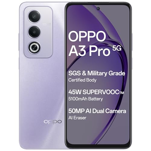 OPPO A3 Pro 5G (Moonlight Purple, 8GB RAM, 128GB Storage)|6.67” OPPO A3 Pro 5G (Moonlight Purple, 8GB RAM, 128GB Storage)|6.67” HD+ 120Hz Refresh Rate Screen | 45W SUPERVOOC|with No Cost EMI/Additional Exchange Offers