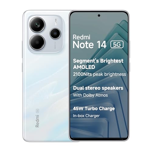 Redmi Note 14 5G (Mystique White, 6GB RAM 128GB Storage) Redmi Note 14 5G (Mystique White, 6GB RAM 128GB Storage) | Global Debut MTK Dimensity 7025 Ultra | 2100 nits Segment Brightest 120Hz AMOLED | 50MP Sony LYT 600 OIS+EIS Triple Camera