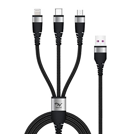 Wayona 3in1 Nylon Braided 66W USB Fast Charging Cable with Type C, Lightening and Micro USB Port, Compatible with iPhone, iPad, Samsung Galaxy, One Plus, Mi, Oppo, Vivo, iQOO, Xiaomi (1M, Black)