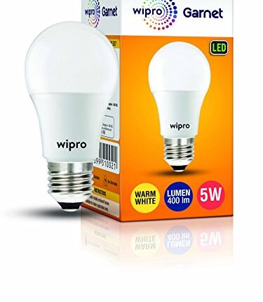 wipro Garnet 5W LED Bulb for Home & Office |Warm White (2700K) | E27 Base|220 degree Light coverage |4Kv Surge Protection |400V High Voltage Protection |Energy Efficient | Pack of 1