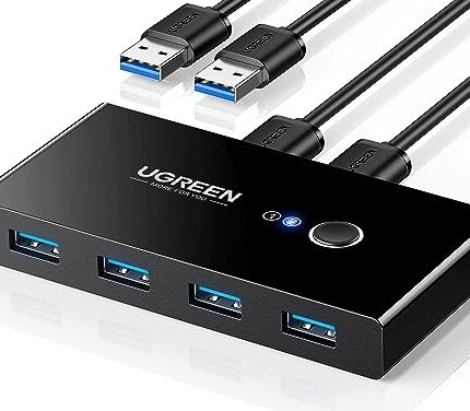UGREEN USB 3.0 Sharing Switch, 2 Computers 4-Port USB Peripheral Switcher Adapter Box Selector for PC, Printer, Scanner, Mouse, Keyboard with One-Button Swapping and 2 Pack USB A to A Cable