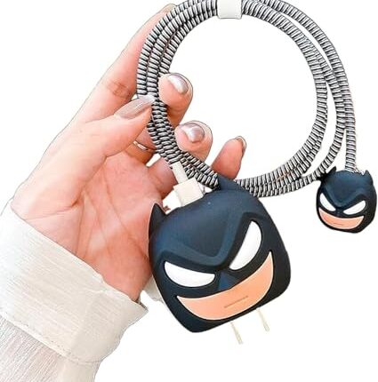 iTronix Cable Protector with 3D Cute Pattern for iPhone Charger only 18W & 20W, Data Line Wire Saver Charging Cable Charger Protective Cable, Full Protection Cover 4 in 1 (Black Bat)