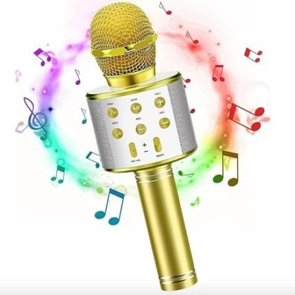 VRJTEC Wireless Karaoke Mic - Handheld & Multifuctional 2 in 1 Microphone with Audio Recording, Continuous Play+ USB Charging + Card Slot + Headphone Port (Golden - Color)