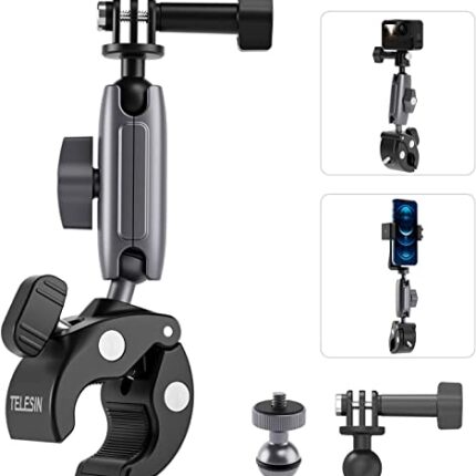 TELESIN Camera Clamp Handlebar Bike Mount 360° Double Ballhead Magic Arm with 1/4"-20 Thread for Motorcycle Monitor Canon Nikon DSLR/Gopro/LED Lights/Ronin-M/Ronin MX/Freefly (Clamp)