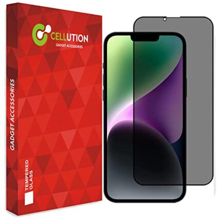 CELLUTION Edge To Edge Privacy Tempered Glass Protector Guard For iPhone 14 / iPhone 13 / iPhone 13 Pro (6.1 Inch) with Easy Installation Kit, (Black) Pack of 1