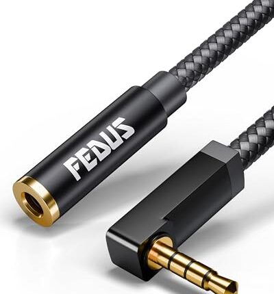 FEDUS 90-Degree 3.5 mm Male to Female Aux Extension Audio Cable with Microphone Nylon Braided 1 Meter TRRS 4 Pole Stereo Audio Extender Cord Aux Cable for Car for Speakers, Earphone Headphone, Phone