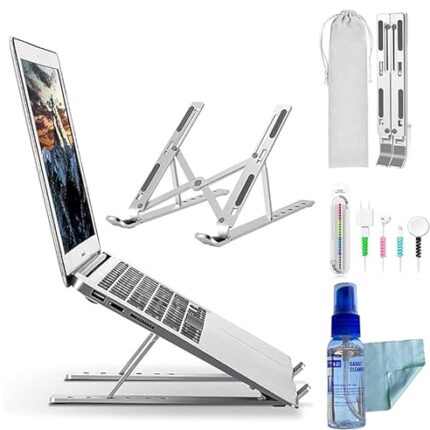 Sounce Adjustable Laptop Stand Combo with 3 in 1 100ml Cleaning Set & Cable Protector Spiral, Aluminum Foldable Ventilated Portable Holder for up to 15.6 inch Laptops, Mac (with Carry Pouch) - Silver