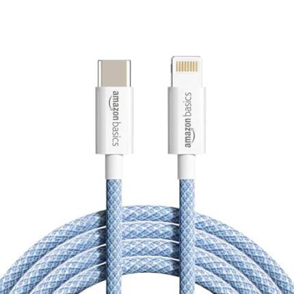 amazon basics Nylon Braided USB-C to Lightning Cable Cord, MFi Certified Charger for Apple iPhone 14, 13, 12,11, X, 8, 7, 6, 5, iPad Air, Pro, Mini, iPad | Sierra Blue, 1 meter