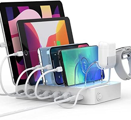 SooPii 60W 6-Port Charging Station for Multiple Devices, PD 20W USB C Fast Charging for lPhone 14/13/12,6 Short Cables Included, 2 in 1 Holder,for Phones,Tablets and Others, White