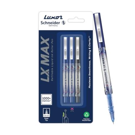 Luxor Schneider LX MAX roller ball pen, Pack of 3, 2 Blue+ 1 Black, Cone Tip, 0.5mm, 100% German Technology, 1000+ mtrs writing length, Waterproof Ink, Ideal for Students & Professionals