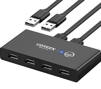 UGREEN USB Switch Selector, 2 Computers Sharing 4 USB Devices USB 2.0 Peripheral Switcher Box Hub for Mouse, Keyboard, Scanner, Printer, PCs with One-Button Swapping and 2 Pack USB A to A Cable