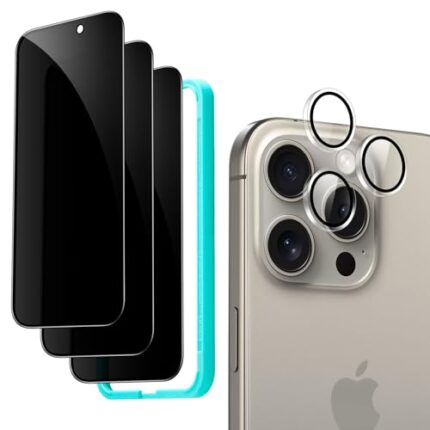 ESR for iPhone 15 Pro Max Privacy Screen Protector Set, Anti-spy Tempered Glass Privacy Screen Protector, Micro-curved Edges, Case Friendly, 3-Pack with 1 Set of Individual Camera Lens Protectors