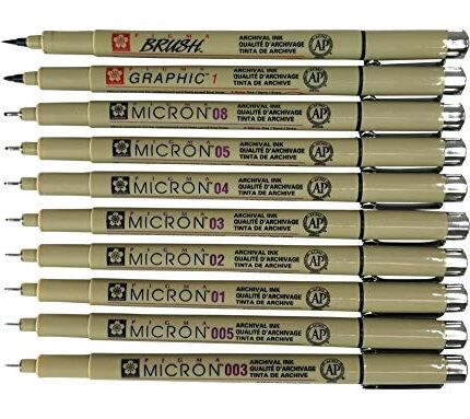 Sakura Pigma Micron 10 Fineliner pens Black Archival Ink Artist Drawing Sketch pens (003, 005, 01, 02, 03, 04, 05, 08), Graphic 1 & Brush Pen Set