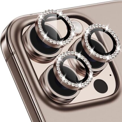 VONZEE Camera Lens Protector for iPhone 16 Pro 6.3-Inch and iPhone 16 Pro Max 6.9-Inch, Bling Glitter Individual 9H Tempered Glass Metal Ring Cover, HD Clear, 1 Set (Desert Titanium)