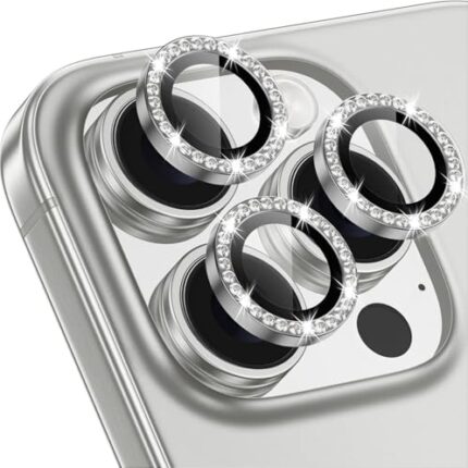 VONZEE Camera Lens Protector for iPhone 16 Pro 6.3-Inch and iPhone 16 Pro Max 6.9-Inch, Bling Glitter Individual 9H Tempered Glass Metal Ring Cover, HD Clear, 1 Set (Natural Titanium)