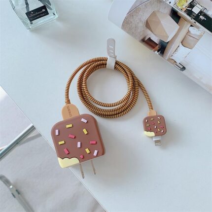 Meyaar 4 in 1 Compatible with Apple iPhone Charger Case Cover | Silicon Charger Case Cover for Apple 18-20W 360 Degree Protection Case with Wire Saver (Brown (Ice-Cream))