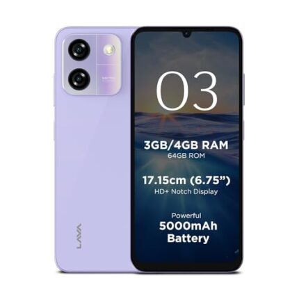 Lava O3 (Glossy Lavender, 3 GB RAM, 64 GB Storage) | Biggest 6.75" HD+ Display | 13MP AI Dual Rear Camera | 5000 mAh Battery | Secure Face Unlock | Fingerprint Reader | Charger & Phone-Cover in Box